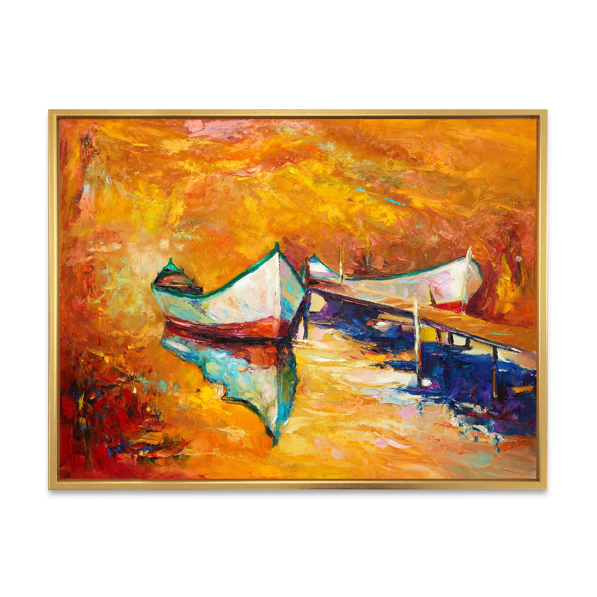 Little Boat During Warm and Orange Evening 20 in x 12 in Framed Painting Canvas Art Print, by Designart