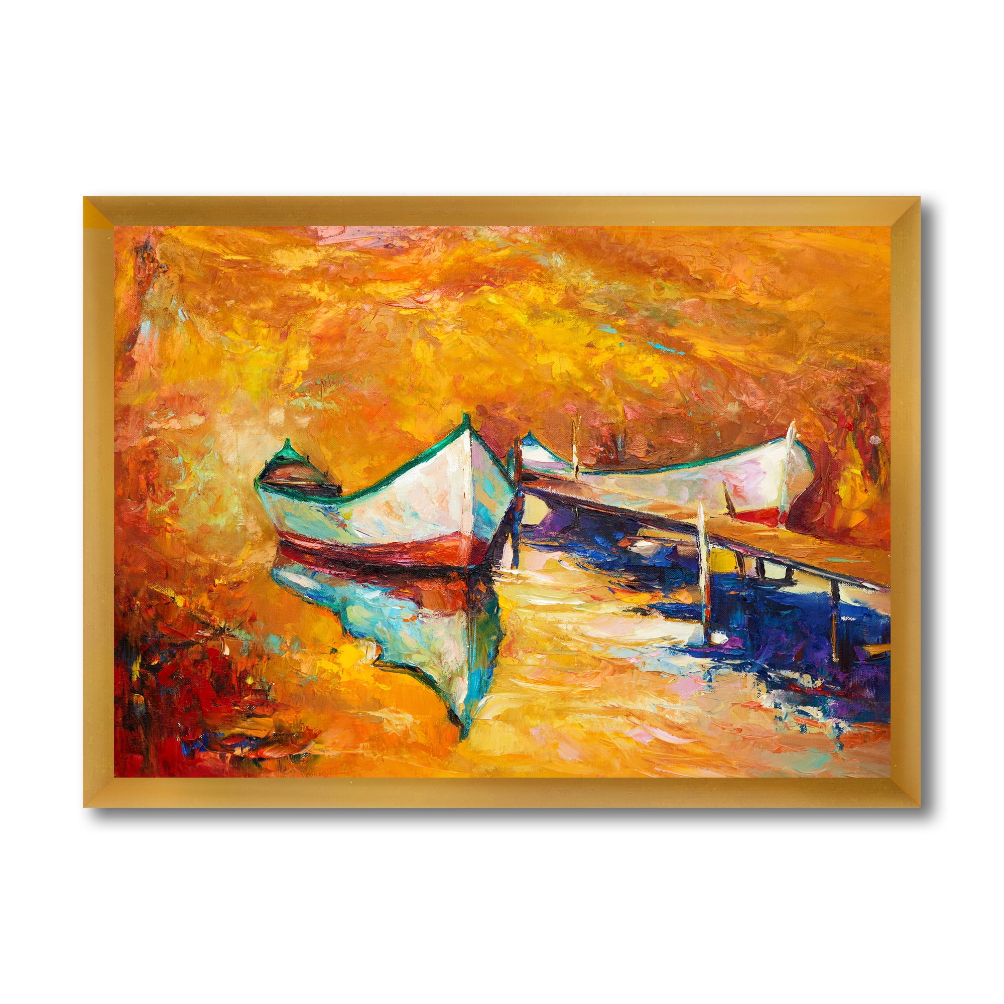 Little Boat During Warm and Orange Evening 32 in x 16 in Framed Painting Canvas Art Print, by Designart