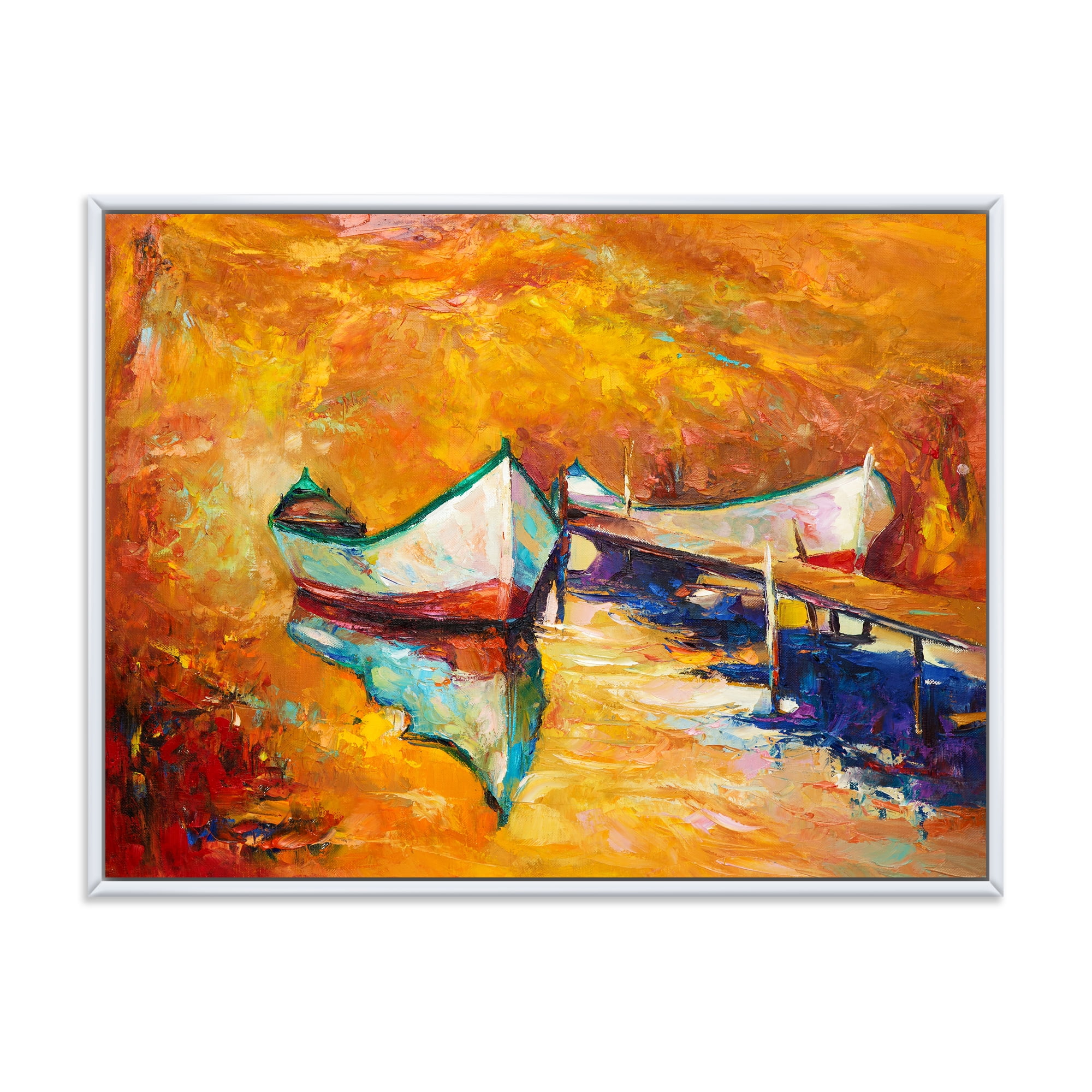 Little Boat During Warm and Orange Evening 32 in x 24 in Framed Painting Canvas Art Print, by Designart