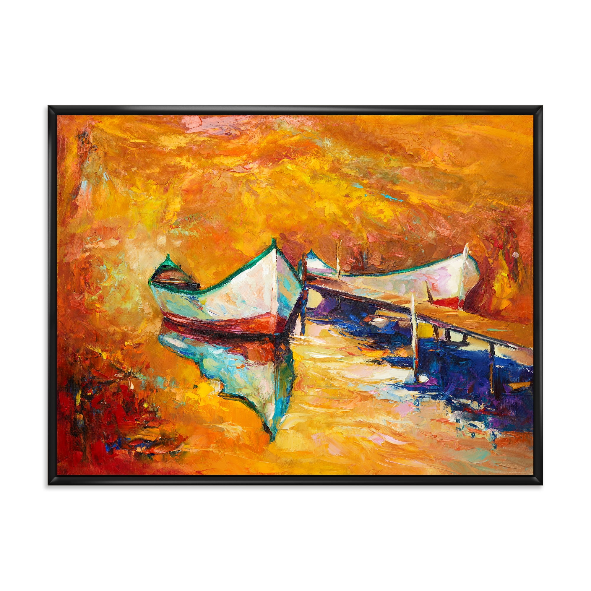 Little Boat During Warm and Orange Evening 32 in x 24 in Framed Painting Canvas Art Print, by Designart