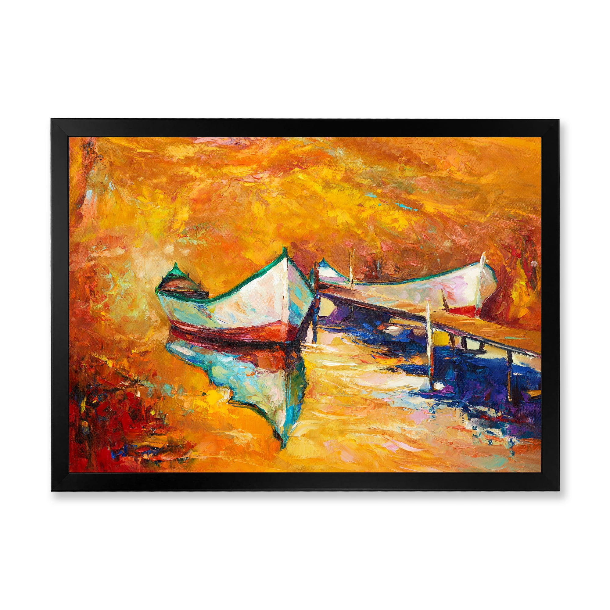 Little Boat During Warm and Orange Evening 32 in x 24 in Framed Painting Canvas Art Print, by Designart