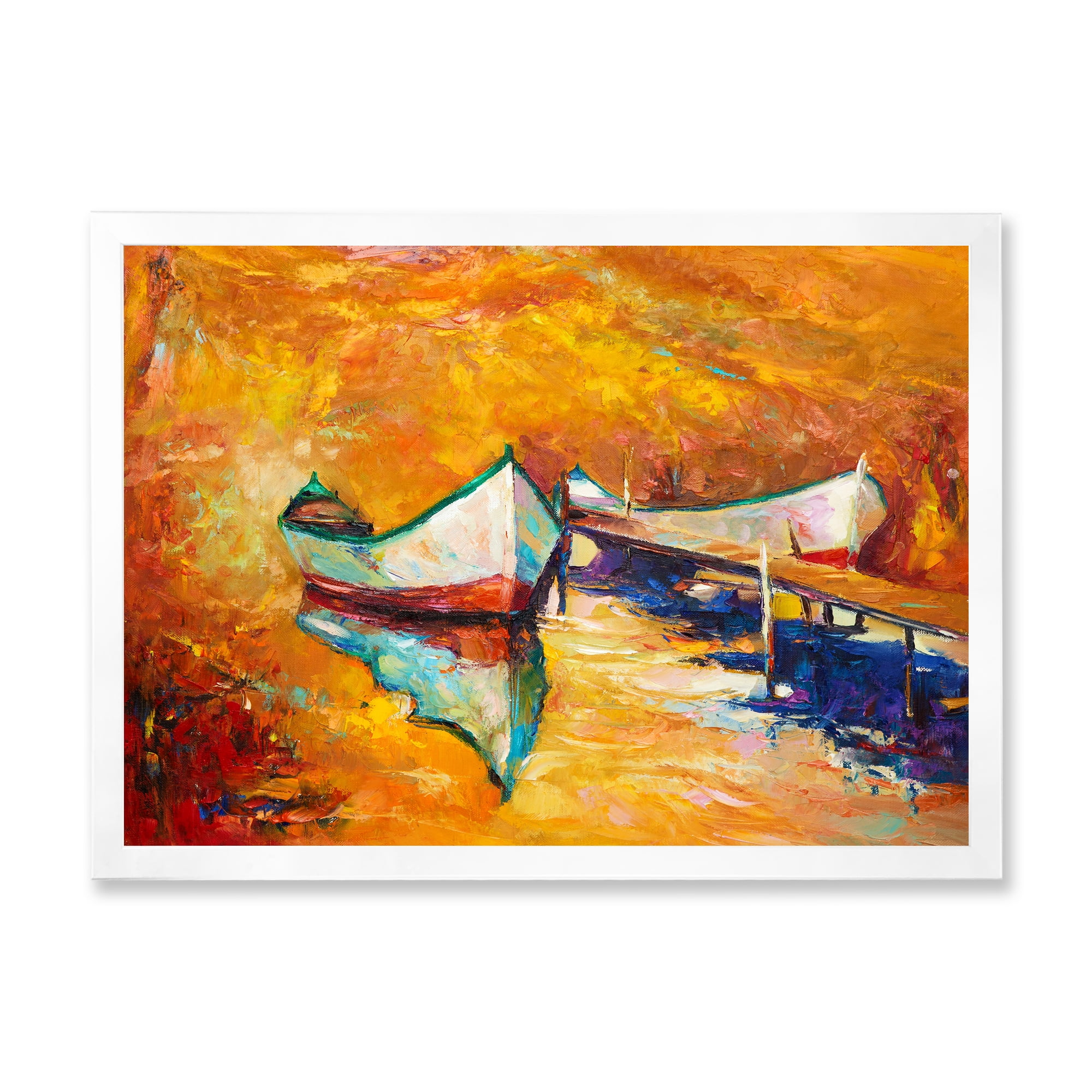 Little Boat During Warm and Orange Evening 32 in x 24 in Framed Painting Canvas Art Print, by Designart