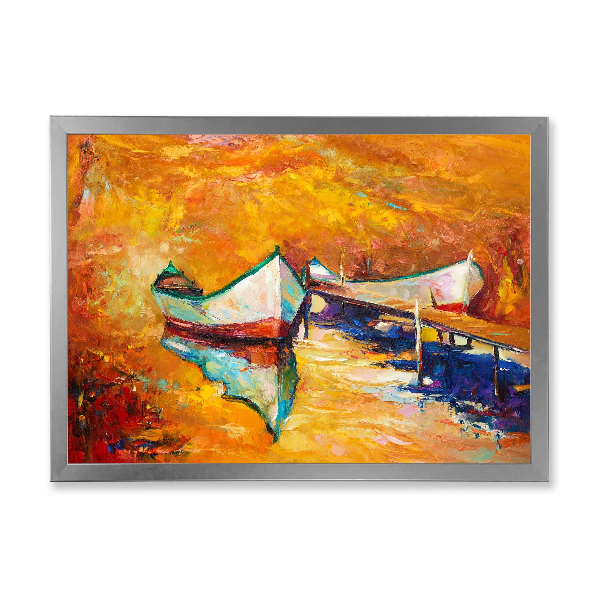 Little Boat During Warm and Orange Evening 40 in x 30 in Framed Painting Canvas Art Print, by Designart