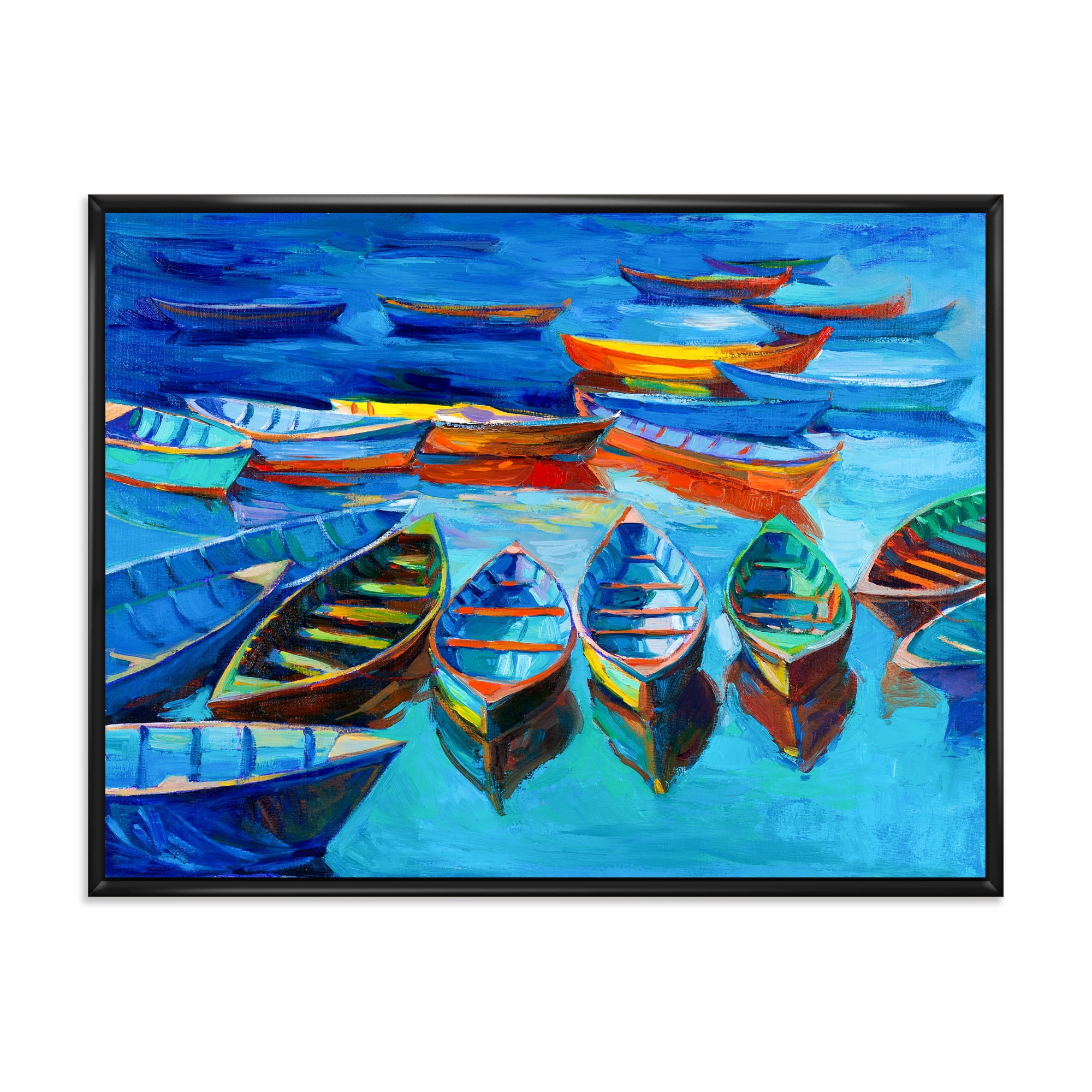 Little Boats Wating In The Blue Harbour 32 in x 16 in Framed Painting Canvas Art Print, by Designart