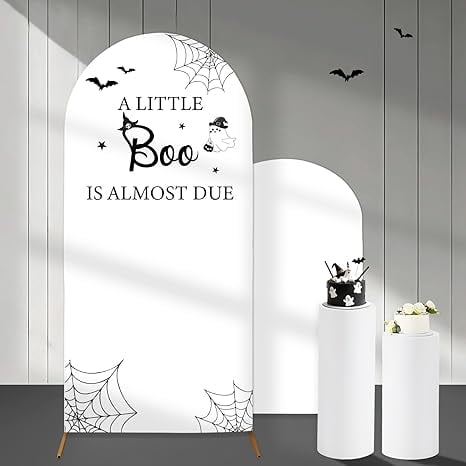 A Little Boo is Almost Due Arch Backdrop Covers, 6 Ft White Halloween Stretchy Arch Backdrop Stand Covers, Photography Background Arch Stand Covers for Baby Shower Birthday Party Decor