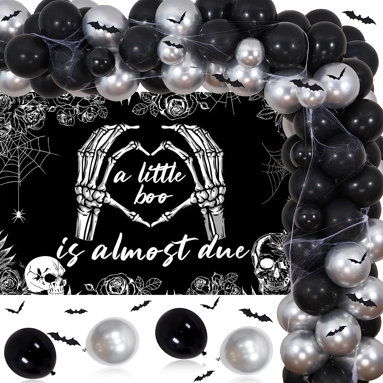 A Little Boo Is Almost Due Balloon Banner – Halloween Baby Shower Decor With Ghost & Bat Mylar Balloons