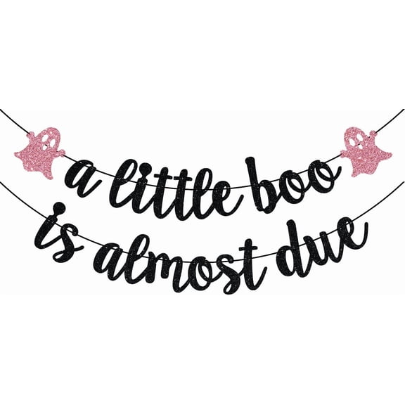 A Little Boo is Almost Due Banner, Boo Theme Baby Shower Party Decoration, Ghost Birthday Decor for Baby Girl, Halloween Theme Baby Shower Banner, Black & Pink Glitter