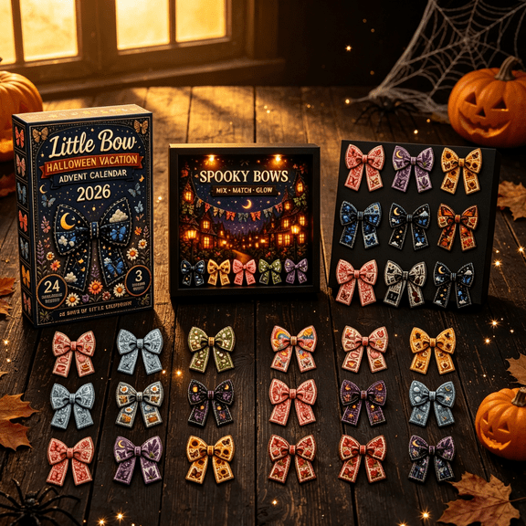 Little Bow Halloween Vacation 2026 Advent Calendar, 24 Days Countdown Spooky Bow Mystery Box, Mix & Match Vintage Bow Ornament Craft Gift for Toy Collectors