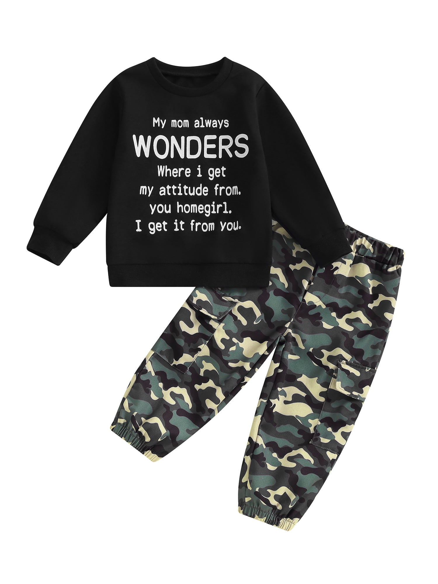 Little Boy 2 Piece Outfits Letter Print Long Sleeve Tops Camouflage Cargo Pants Toddler Clothes