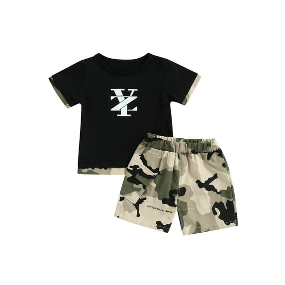 Little Boy Camo Shorts Set Short Sleeve Alpha Print T-Shirt + Camouflage Shorts Summer Casual Outfits