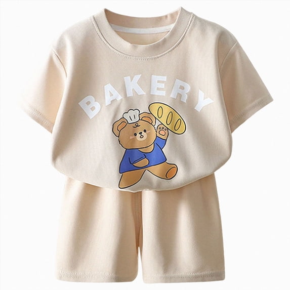 Little Boy Clothes Set Toddler Baby Boy Bear Bakery Print Short Sleeve T-Shirt & Solid Shorts 2-Piece Summer Outfit Toddler Boy Short Set