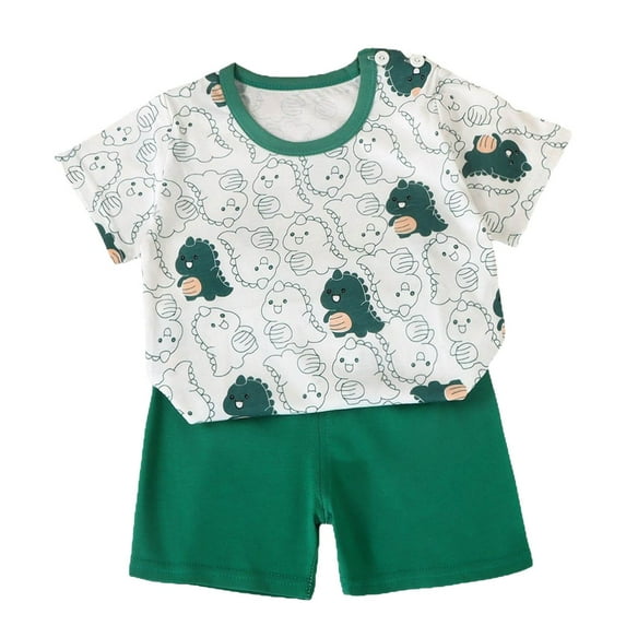 Little Boy Girl Nightwear Set Cartoon T-Shirt Shorts 3-4 Years 4-5 Years 5-6 Years Organic Cotton Easy Pull On Summer Casual Breathable Lightweight (6-9 Months,Dark Green)