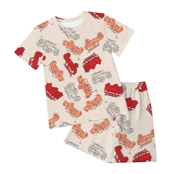 Little Boy Girl Nightwear Set Truck Tee Shorts 5-6 Years 6-7 Years 7-8 Years Skin Friendly Organic Cotton Easy Pull On Daily Wear Breathable Lightweig (7-8 Years,Beige)