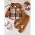 thumbnail image 1 of Little Boy Girl Pants Set Contrast Color Plaid Long Sleeve Button-up Hoodie Trousers Outfits, 1 of 8