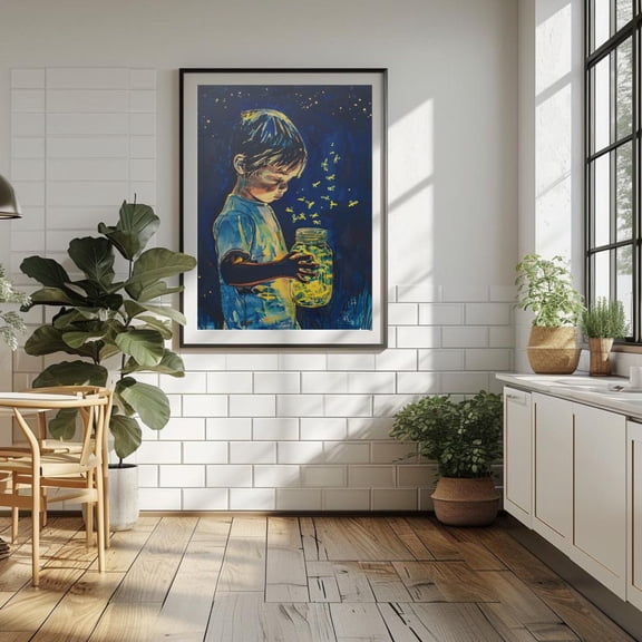 Little Boy His Fireflies Gouache Fireflies Poster Unframed Paper Print