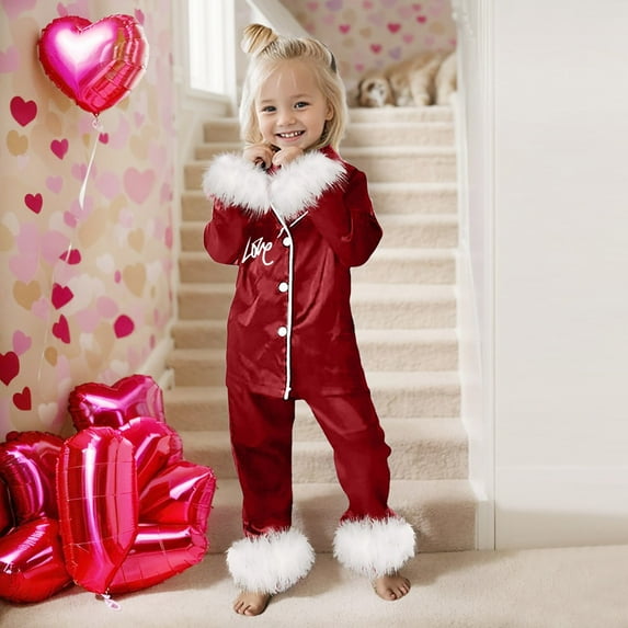 Little Boy Pajamas Set Valentine's Day Pajamas Heart Print Top Pants 2pcs Pajamas Silk Button Sleepwear for Kids 10-11 Years