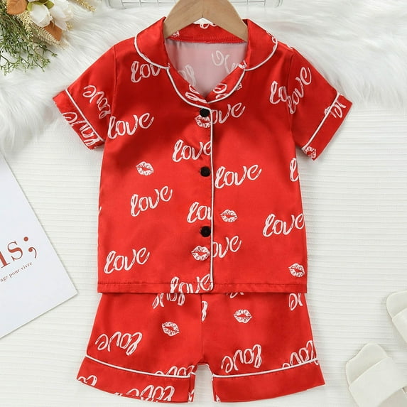 Little Boy Pajamas Set Valentine's Day Pajamas Sweetheart Print Top Pants Satin Two Piece Pjs Kids Color Pajamas for Toddler Boys Girls 12-18 Months