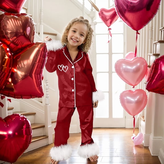 Girls Pajamas Set Valentines Pajamas Hearts Shape Printed Top Pants Satin Two Piece Pjs Button-Down Silk Sleepwear for Toddler Boys Girls 3-4 Years