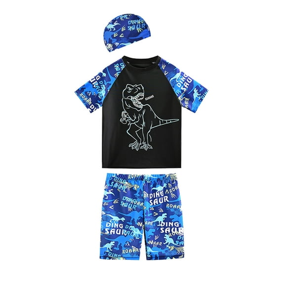 Little Boy Swimsuit Set 3 Piece Short Sleeve Swim Shirt Swim Trunks Rash Guard Bathing Suits For Kids Size 7-8T