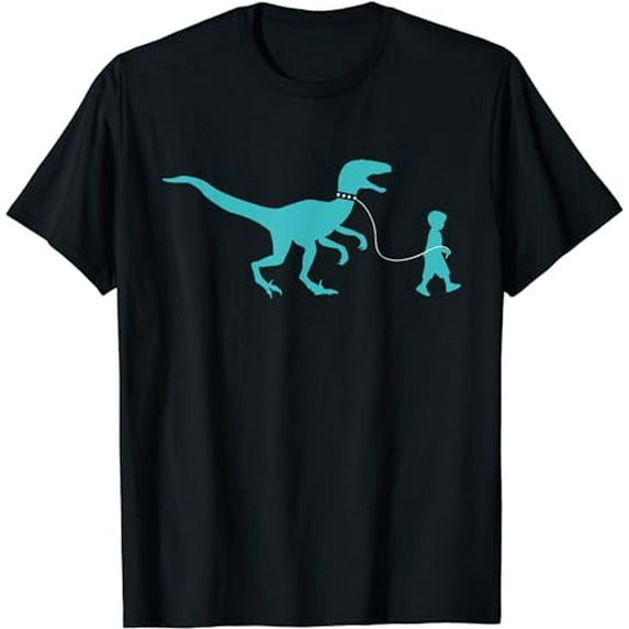 Little Boy Walking Pet Velociraptor on a Leash T-Shirt