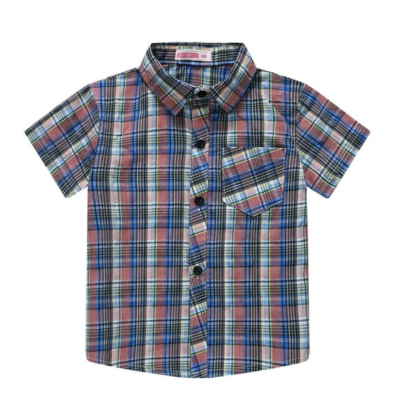 Little Boy's Shirt Tops Short Sleeved Botton-Down Shirts Kids Summer Plaid Casual Shirt