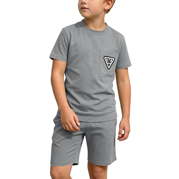 Little Boys 2 Piece Outfit Short Sleeve Crewneck T Shirt With Patch Pocket And Matching Shorts Set Casual Summer Clothes Active Sport Tracksuit Sweatsuit