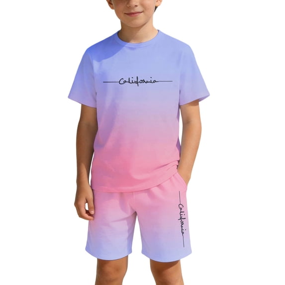 Little Boys' 2 Piece Outfits Short Sleeve Gradient Letter Print Summer Tee And Shorts Casual Back to School Clothes Size 6-7T