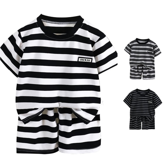 Little Boys 2 Pieces Clothing Set Striped Short Sleeved Crew Neck Shirt + Shorts Two Piece Outfits Set Size 6-7T ,White
