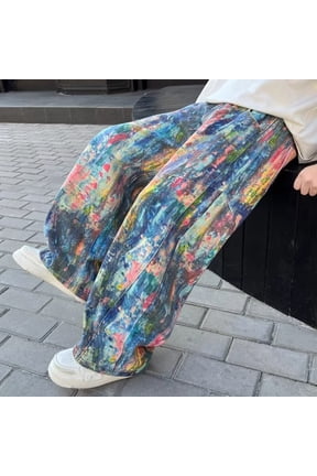 Little Boys' Art Oil Painting Print Jeans, Elastic Waist Loose Wide Leg Pants for Street Daily Wear Multicolor 150