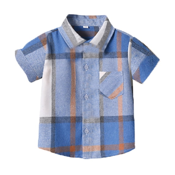 Little Boys Cartoon Plaid Shirts Short Sleeve Button Up Shirt Tops