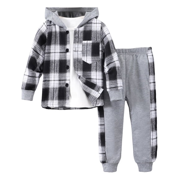 Little Boys Casual Outfit Sets Long Sleeve Patchwork Plaid Prints T Shirt Hooded Tops Pant Set Clothes for Kids Size 5-6T