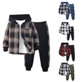 thumbnail image 1 of Little Boys Casual Outfit Sets Long Sleeve Patchwork Plaid Prints T Shirt Hooded Tops Pants Clothes Set for Kids Size 5-6T, 1 of 5