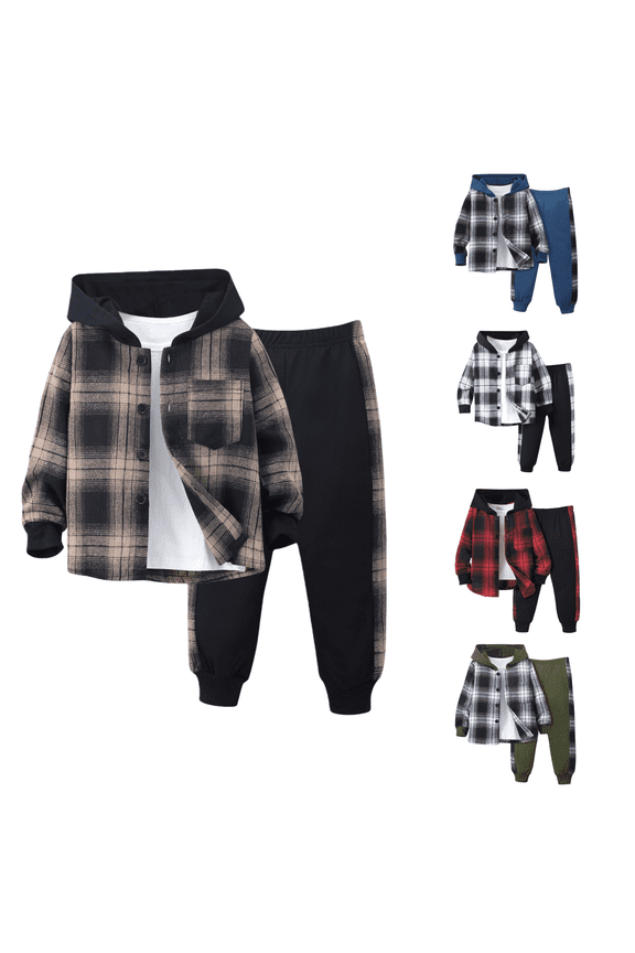 Little Boys Casual Outfit Sets Long Sleeve Patchwork Plaid Prints T Shirt Hooded Tops Pants Clothes Set for Kids Size 5-6T