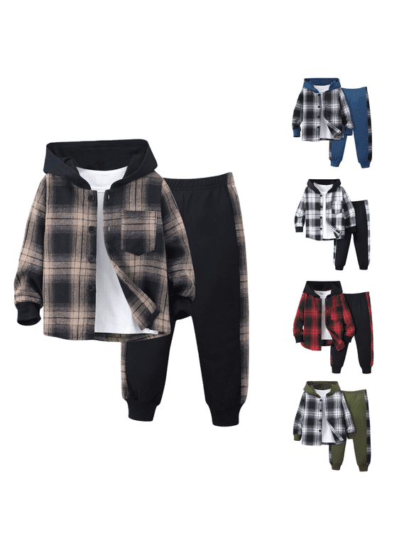 Little Boys Casual Outfit Sets Long Sleeve Patchwork Plaid Prints T Shirt Hooded Tops Pants Clothes Set for Kids Size 6-7T