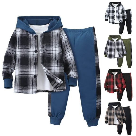 Little Boys Casual Outfit Sets Long Sleeve Patchwork Plaid Prints T Shirt Hooded Tops Pants Clothes Set for Kids Size 6-7T