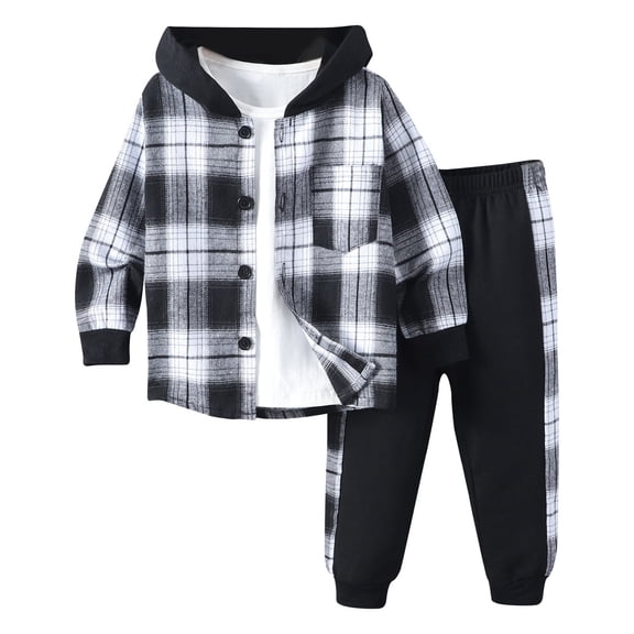 Little Boys Casual Outfit Sets Long Sleeve Patchwork Plaid Prints T Shirt Hooded Tops Pants Set for Kids Size 6-7T