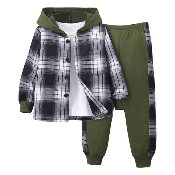 Little Boys Casual Outfit Sets Long Sleeve Patchwork Plaid Prints T Shirt Hooded Tops Pants Set for Kids Size 6-7T