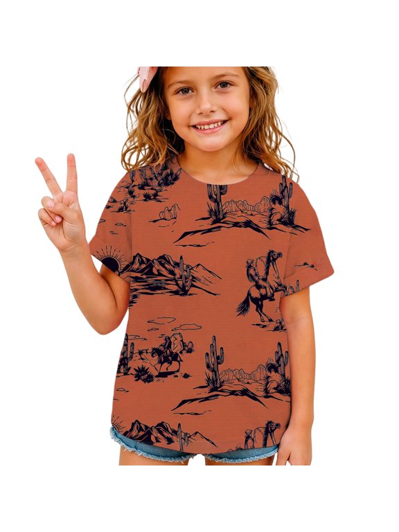 Little Boys Casual Shirt Desert Graphic Print Girls Cow Short Sleeve Round Neck Kids Summer Casual Tops Size 8-9T