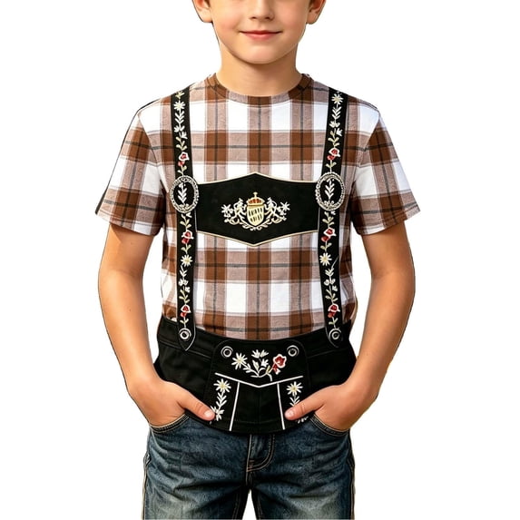 Little Boys Casual Shirt Plaid Floral Print Short Sleeve Crewneck Summer Party Tee Tops Size 7-8T