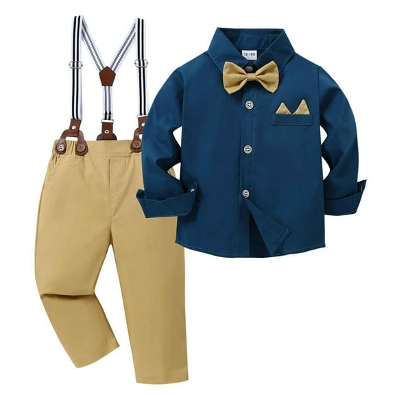 Little Boys Clothes Dress Shirt + Suspender Pants + Bowtie 3 Pieces Formal Gentleman Suits Baptism Dress for Toddler Boy 18-24 Months