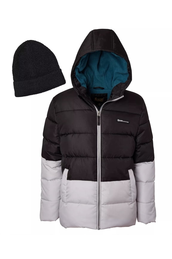 Little Boys Color Block Black/Gray Ripstop Puffer Jacket w/Beanie 5/6