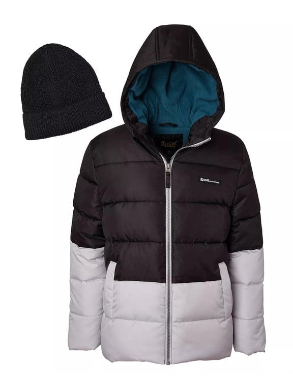 Little Boys Color Block Black/Gray Ripstop Puffer Jacket w/Beanie 5/6