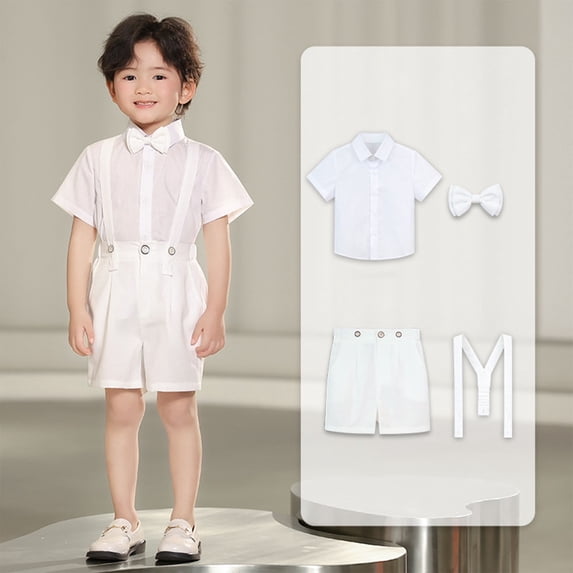 Little Boys Gentleman Outfits Suits Set Infant Short Sleeve Shirt+Suspender Pants+Bow Tie Overalls Clothing Set Kids Colorful Clothes White 2-3 Years