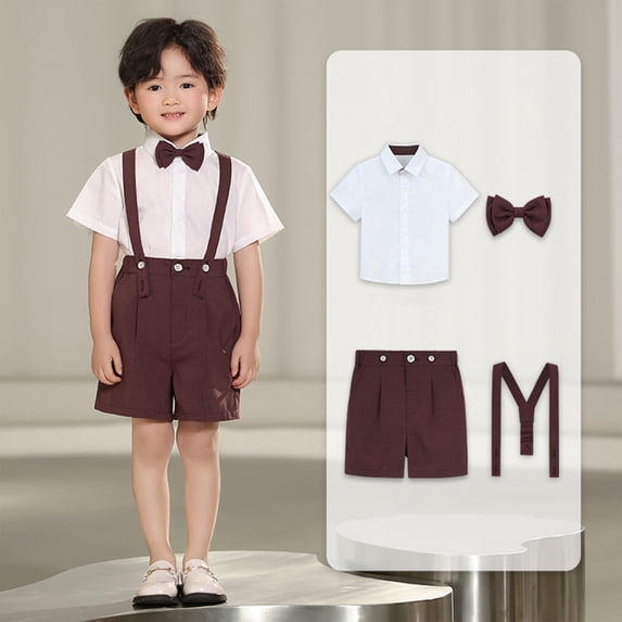 Little Boys Gentleman Outfits Suits Set Infant Short Sleeve Shirt+Suspender Pants+Bow Tie Overalls Clothing Set Kids Colorful Clothes Wine 5-6 Years
