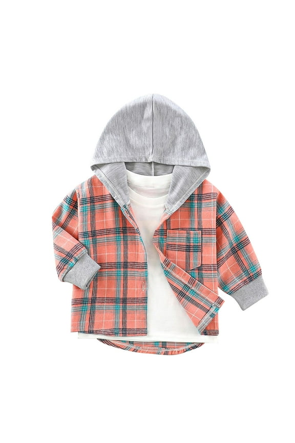 Little Boys Girls Long Sleeve Button Down Plaid Flannel Shirts with Hood Checked Shirt Kids Tartan Tops Casual Hoodies Fall Spring Clothes for Unisex Toddler Baby Child
