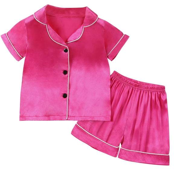 Little Boys Girls Pajamas 2 Piece Shorts Set Silk Button Down Loungewear Solid Color Short Sleeve Kids Satin Sleepwear Pink, 3 Years