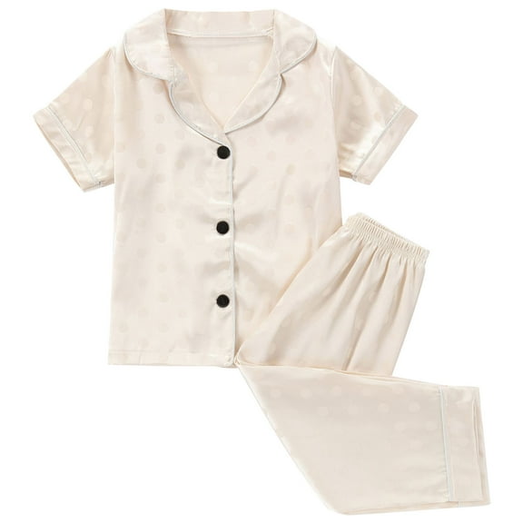 Little Boys Girls Satin Pajamas Set Silky Button Down Sleepwear 2 Piece Short Sleeve Collared Polka Dot Pjs Nightwear Beige, 5 Years