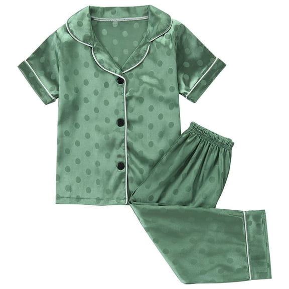Little Boys Girls Satin Pajamas Set Silky Button Down Sleepwear 2 Piece Short Sleeve Collared Polka Dot Pjs Nightwear Green, 5 Years