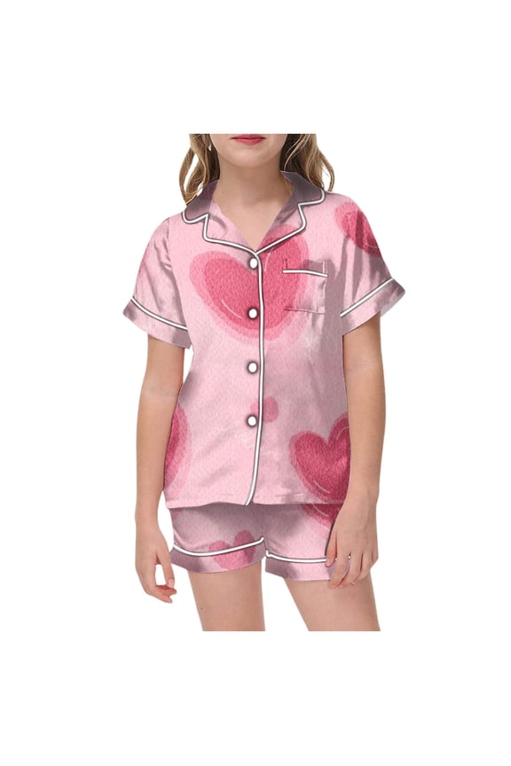 Pajama Set for Girls 2 Piece Valentine's Day Heart Pattern Lapel Button Up Short Homewear 2PC Boys Outfits(160 12-13 Years,Pink)