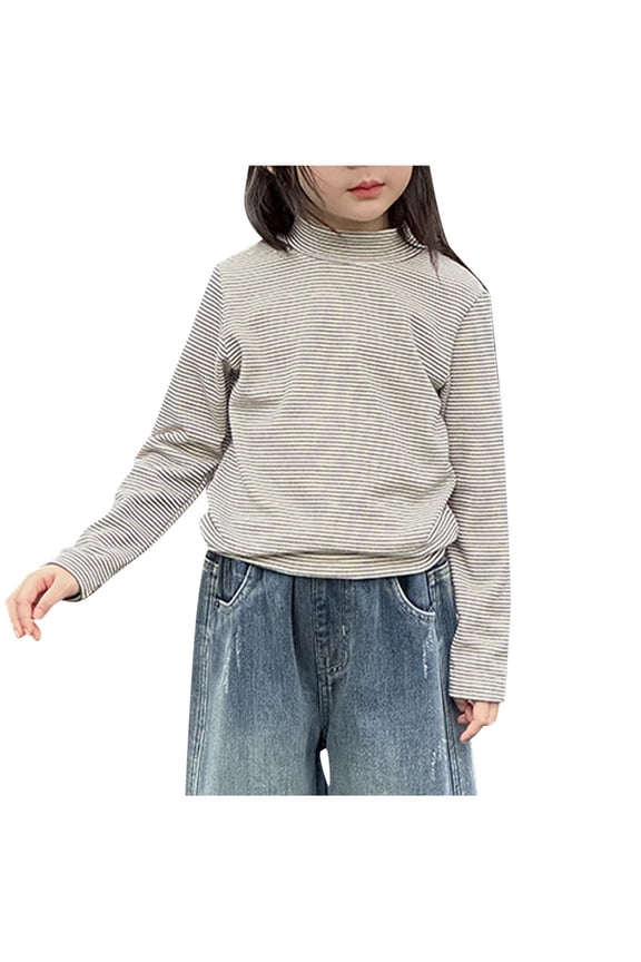 Little Boys Girls Thermal Tops Kids Winter Undershirt Stripe Turtleneck Fleece Baselayer Long Sleeve T Shirts for 2-16 Years